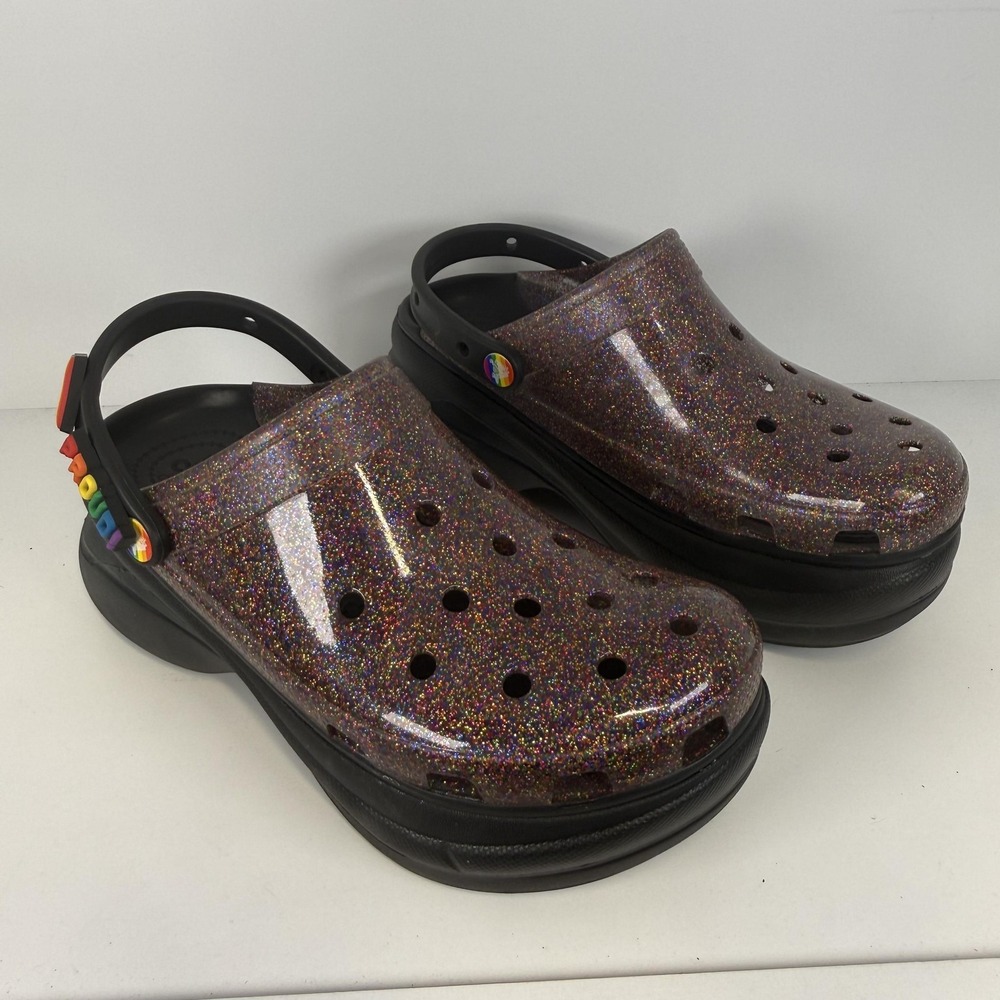 Crocs Classic Bae Purple Pride Glitter Platform Proud Clogs Sandals Women's 10